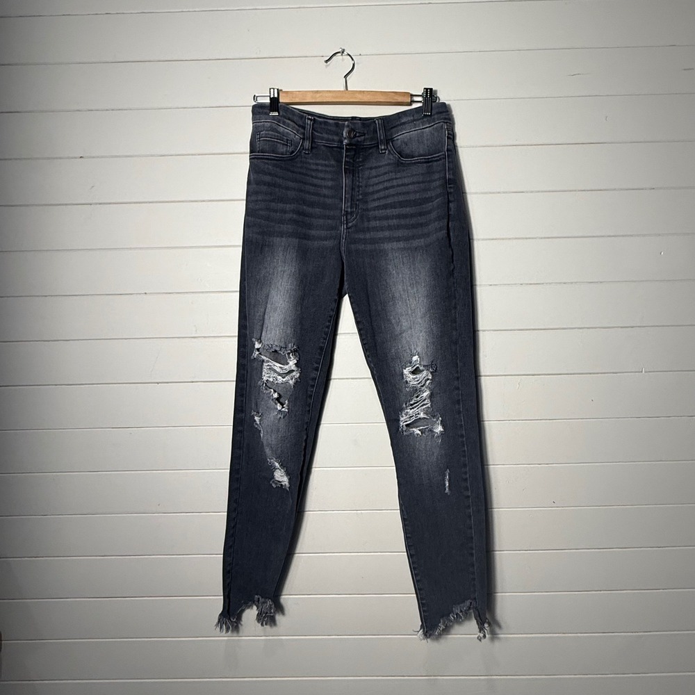 KanCan Signature Mid-Rise Ankle Skinny Jeans Black Distressed‎ Raw Hem Size 29